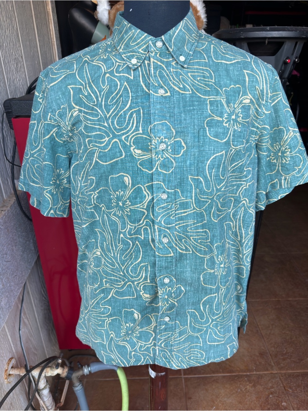 PreOwned Reyn Spooner Classic Hawaiian Print Green Full Button Men's Medium